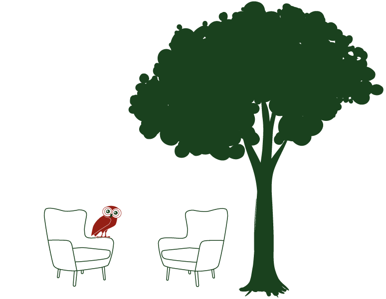 illustration de deux fauteuils de psychologue, d'une chouette orange et d'un arbre vert