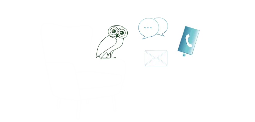 image d'un fauteuil de psychologue avec une chouette et des picto symbolisant les sms, les mails et les appels