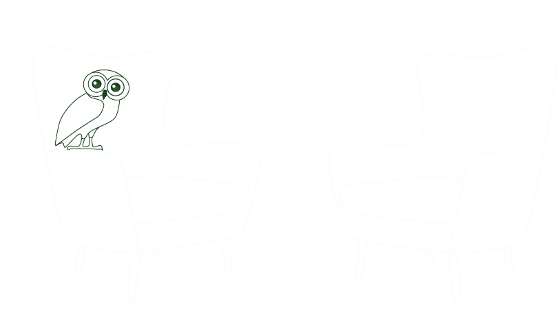 image d'un fauteuil de psychologue avec une chouette blanche