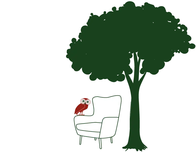 image d'un arbre, d'un fauteuil de psychologue et d'une chouette